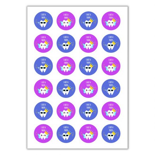 circular blue and purple stickers with a cute tooth picture and words "i lost a tooth"