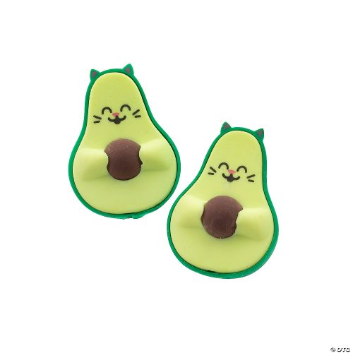 two avocado shaped erasers with a smily face