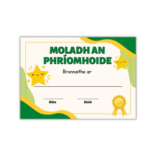 Green and yellow rectangular certificate with pictures of smiling yellow stars and a rosette.