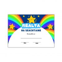 A5 certificate displaying three yellow smiling stars on a rainbow background. Big white and blue word in the middle saying "Star" in Irish
