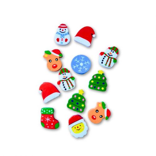 picture showing 12 colourful christmas erasers, including snowflake, christmas tree, reindeer, santa, snowman, stocking and santa's hat.